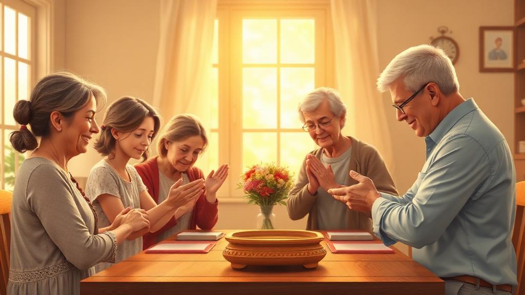 Família de três gerações orando de mãos dadas ao redor da mesa