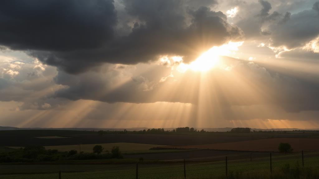 Raios de sol atravessando nuvens de tempestade sobre o campo