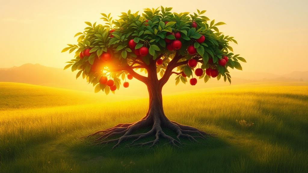 Árvore verde carregada de frutos vermelhos em um campo ao entardecer